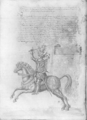 Rudolpho ... in Rüstung zu Perd. Illustration und Textseite aus: Hanns Jacob Fugger, Ehren-Spiegel des Hauses Oesterreich..., 1555. Dresden. SLUB L.2
