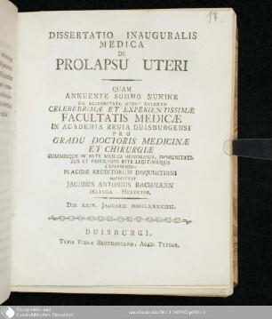 Dissertatio Inauguralis Medica De Prolapsu Uteri
