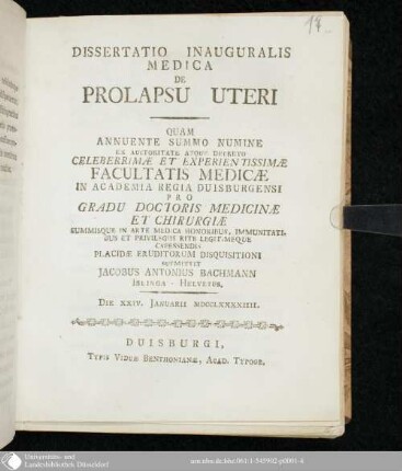 Dissertatio Inauguralis Medica De Prolapsu Uteri