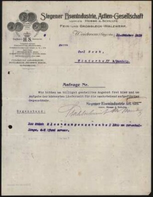 Firmenbriefkopf Siegener Eisenindustrie, Actien-Gesellschaft, vormals Hesse & Schulte, Fein - und Grobblech - Walzwerk