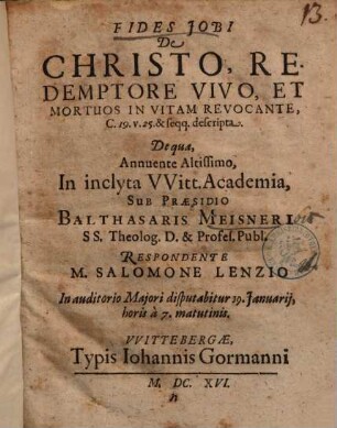 Fides Jobi De Christo, Redemptore Vivo, Et Mortuos In Vitam Revocante, C. 19. v. 25. & seqq. descripta