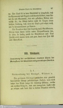 III. Abschnitt. Anwendung der verschiedenen einzelnen Theile der Maispflanze bei häuslichen und gewerblichen Zwecken