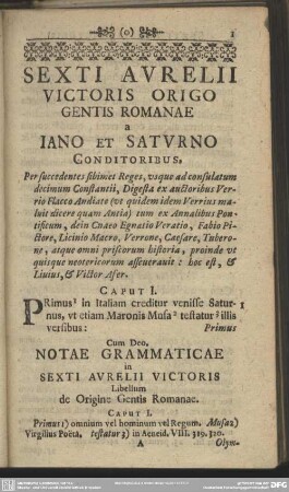 Sexti Aurelii Victoris Origo Gentis Romanae a Iano Et Saturno Conditoribus
