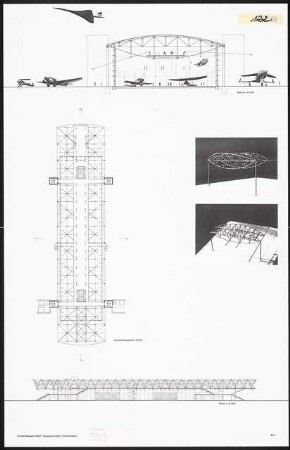 Architektonisches Ausstellungskonzept für die ILA 1998 in Schönefeld. Haupteingangsbereich Schinkelwettbewerb 1997: Grundriss Galeriegeschoss und Schnitt 1:500, Schnitt 1:200