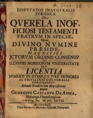 Disputatio inauguralis iuridica de querela inofficiosi testamenti fratrum in specie