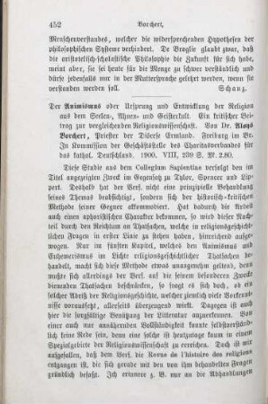 452-453 [Rezension] Borchert, Aloys, Der Animismus oder Ursprung und Entwicklung der Religion aus dem Seelen-, Ahnen- und Geisterkult