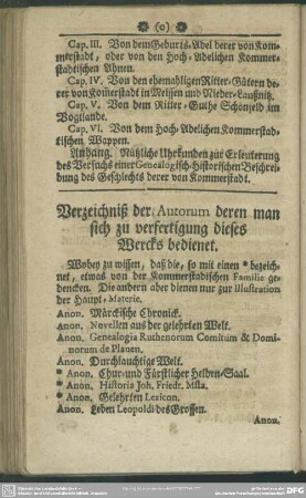 Verzeichniß der Autorum deren man sich zu verfertigung dieses Wercks bedienet