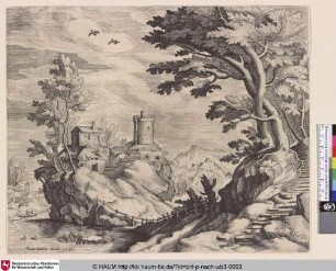 [Flusslandschaft mit Treppe; Riverlandscape; Rivierlandschap met eiland en ronde toren]