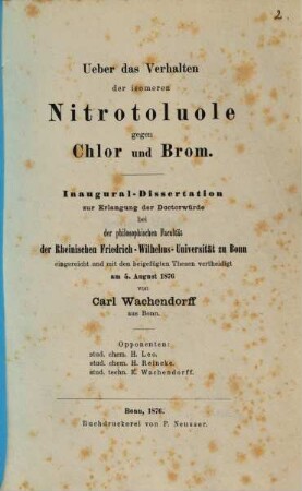 Über das Verhalten der isomeren Nitrotoluole gegen Chlor und Brom : Inaug. Diss.