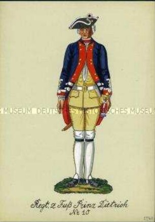 Uniformdarstellung, Gemeiner des Infanterie-Regiments (Prinz Dietrich) No. 10, Preußen, 1740.