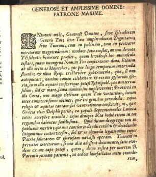 Generose Et Amplissime Domine: Patrone Maxime.