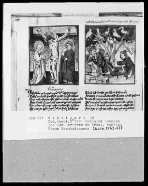 Zwei Schriften — Speculum humanae salvationis — Textseite mit zwei Miniaturen, Folio 74verso