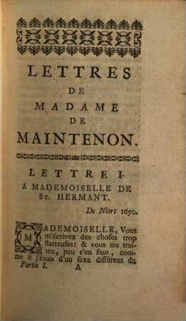 Lettres De Madame De Maintenon, Tome I.