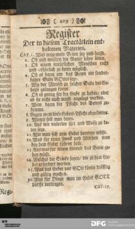 Register Der in diesem Tractätlein enthaltenen Materien.