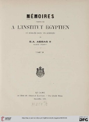 6: Mémoires présentés à l'Institut Egyptien