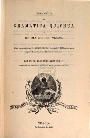 Elementos de gramática Quichua ó idioma de los Yncas