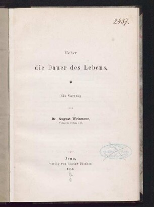 Ueber die Dauer des Lebens : ein Vortrag