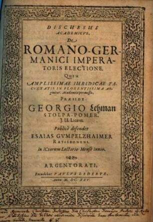 Discursus Academicus, De Romano-Germanici Imperatoris Electione