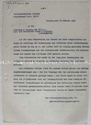 Schreiben des Polizeipräsidiums Leipzig an die NSDAP-Ortsgruppe zur Bekräftigung des Auftrittsverbots für Hitler auf einer öffentlichen Versammlung