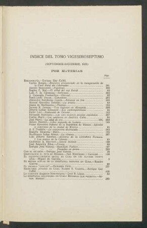 Índice del tomo vigésimoséptimo : (septiembre-diciembre, 1921)