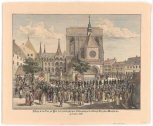 Ansicht vom Festumzug in den Dom von Meißen, Lithographie, um 1860 : Festzug in den Dom zur Feier des hundertjährigen Stiftungstages der Königl. Porzellan-Manufactur am 6. Juni 1810. - Meissen : Steinmetz & Bornemann , [ca. 1860?]. - 1 Kunstblatt : kolor. Lithogr. ; 45 x 33 cm