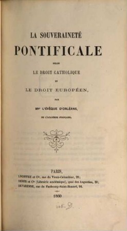 La souveraineté pontificale selon le droit catholique et le droit européen