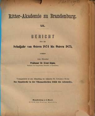 Bericht : über d. Schuljahr von Ostern ... bis Ostern .... 1874/75 (1875)