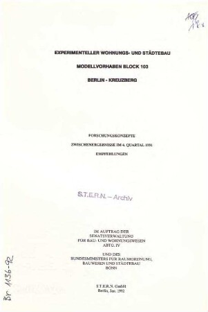 Forschungsbericht: Modellvorhaben Stadtökologie Block 103 (Stand: 4. Quartal 1991)