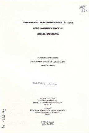 Forschungsbericht: Modellvorhaben               Stadtökologie Block 103 (Stand: 4. Quartal 1991)