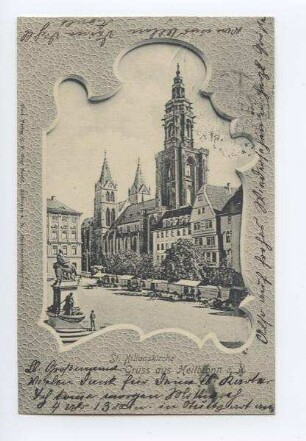"St. Kilianskirche" - Marktplatz und Außenansicht der Kilianskirche von Nordwesten und den Häusern Kaiserstraße 32 und 34, mit Robert-Mayer-Denkmal und Marktständen