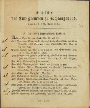5.1824: ... Liste der Kur-Fremden zu Schlangenbad, ...
