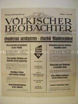 Maueranschlag des Völkischen Beobachters: "Chamberlain zurückgetreten - Churchill Ministerpräsident"
