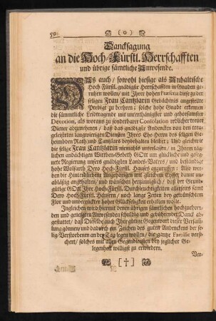 Dancksagung an die Hoch-Fürstl. Herrschafften und übrige sämtliche Anwesende.