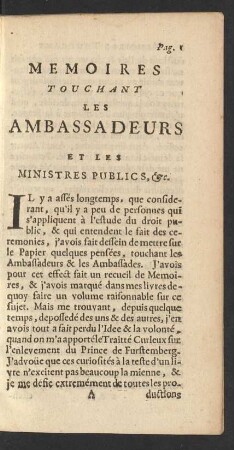 Memoires Touchant Les Ambassadeurs Et Les Ministres Publics, etc.