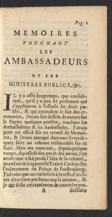 Memoires Touchant Les Ambassadeurs Et Les Ministres Publics, etc.