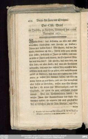 Der CIII. Brief an Dieselbe, zu Rochers, Mittwoch den 11ten November 1671.