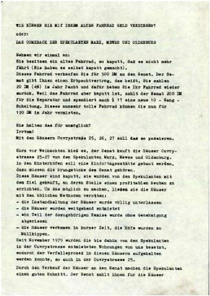 Flugschrift: Wie können Sie mit Ihrem alten Fahrrad Geld verdienen? oder: Das Comeback der Spekulanten Marx, Mewes und Oldenburg