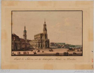 Die Katohlische Hofkirche in Dresden, Blick nach Westen unterhalb der Brühlschen Terrasse, links der Georgenbau, daneben der Hausmannsturm mit dem Grünen Tor