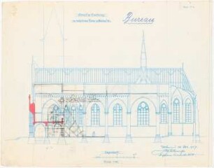 St. Marien, Herne-Baukau Erweiterung und Neubau von Kaplanei und Schwesternhaus: Längsschnitt der Kirche 1:100