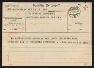 Brief von Alban Berg und Helene Berg an Gerhart Hauptmann