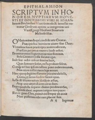 Epithalamion Scriptum In Honorem Nuptiarum ... Viri M. Iohannis Birckenhan ... & honestae matronae Gerdrutis ...
