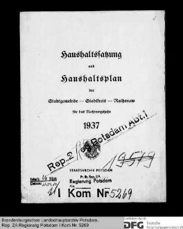 Haushaltssatzung und Haushaltsplan der Stadt Rathenow für das Rechnungsjahr 1937