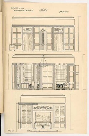 Bürgermeisterzimmer Monatskonkurrenz November 1915: Aufriss 2 Längswände, Stirnwand 1:25; Maßstabsleiste