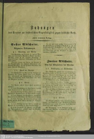 Satzungen des Vereins zur brüderlichen Gegenseitigkeit gegen leibliche Noth