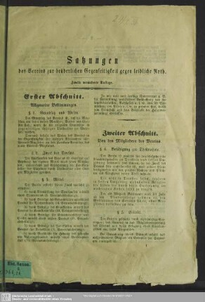 Satzungen des Vereins zur brüderlichen Gegenseitigkeit gegen leibliche Noth