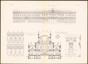 Königliche Residenz, Würzburg. Katholische Hofkirche, Dresden. Amalienburg im Nymphenburger Park, München: Ansicht Würzburg, Ansicht, Querschnitt Dresden, Details Nymphenburg (aus: Baukunst d. Barock in Deutschland, hrsg. v. Zeichenaussch. d. Stud. d. TH Berlin, 1875)