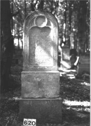 Grabstein 620 (Index: 99900659) Material: Sandstein Zustand: fast völlig verwittert Maße HxBxT: 160x50x18 cm Beschreibung: aufgesockelte Stele mit Rundbogenabschluss, Rahmen mit Scheibenfries, Innenrahmen mit Dreipassmaßwerk Symbolik: Scheibenfries: Grabstein 620