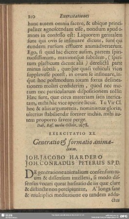 Exercitatio XX. Generatio & formatio animalium. Joh. Jacobo Hardero Joh. Conradus Peierus S. P. D.