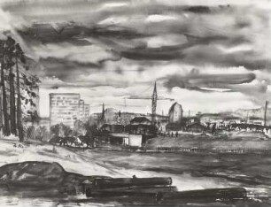 Hochstraße im Bau : Zils, Jürgen (geb. 1937): Hochstraße im Bau. Aquarell, 700 x 900 mm. 1971. Dresden: VII. Kunstausstellung der DDR 1972