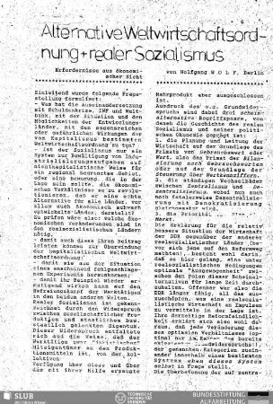 Alternative Weltwirtschaftsordnung und realer Sozialismus : Erfordernisse aus ökonomischer Sicht